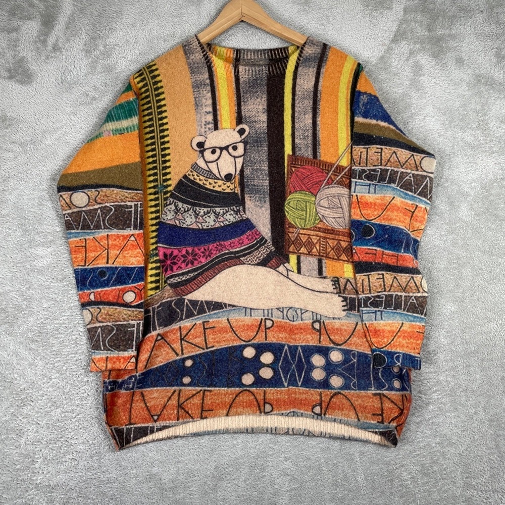 Polar Bear Knitting Sweater Mens Large Multicolor Wool Blend Quirky Art Y2K